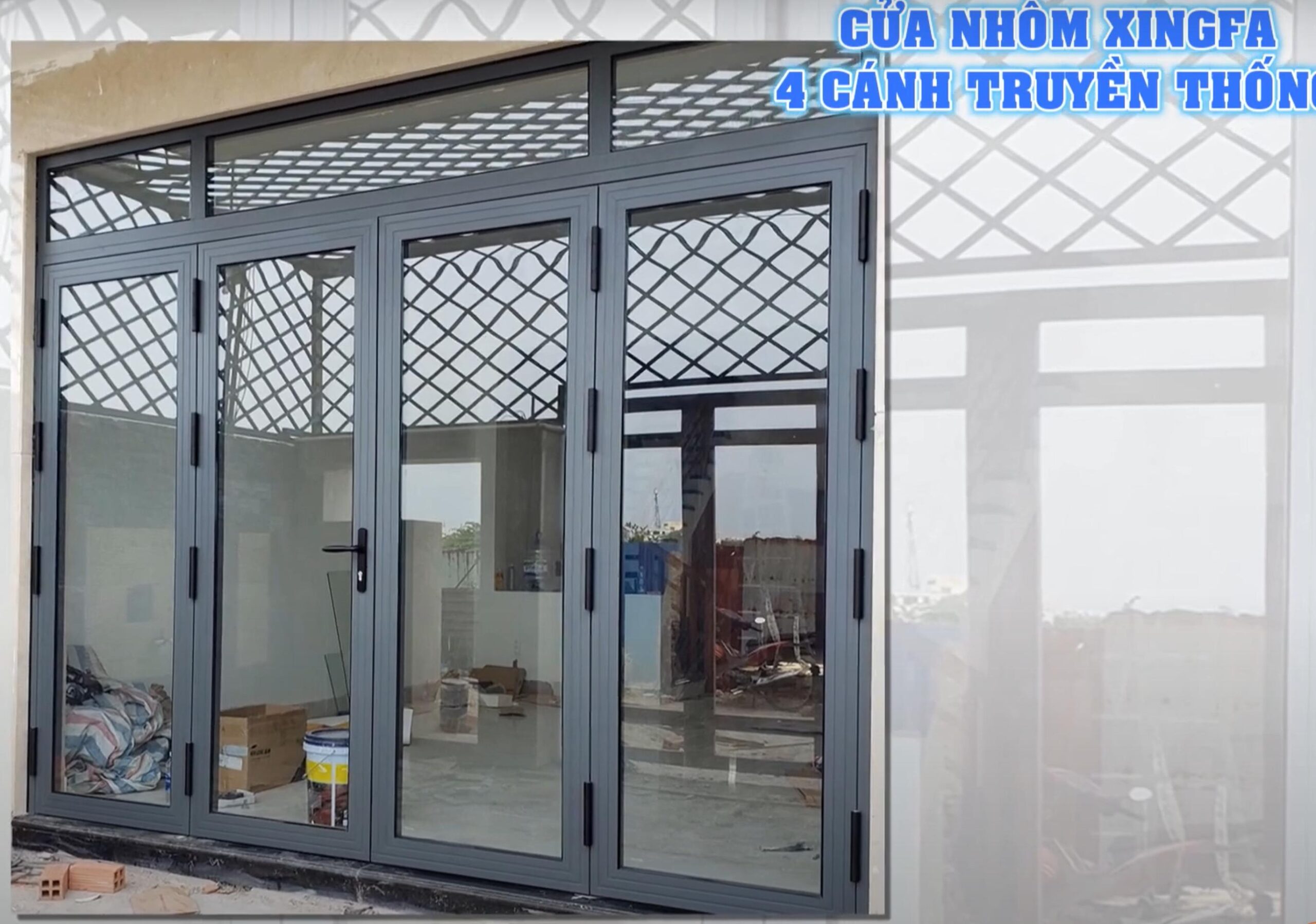 cửa nhôm xingfa 4 cánh truyền thống màu ghi đen
